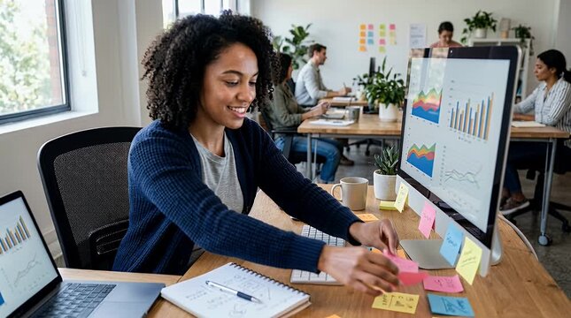 Woman at desk with computer and sticky notes in office setting