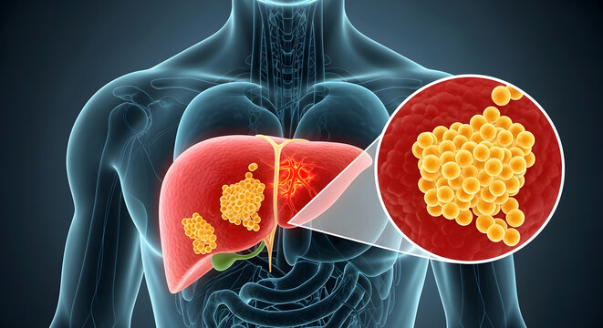 Human liver illustration with fat deposits visible, showing a magnified view of lipid globules