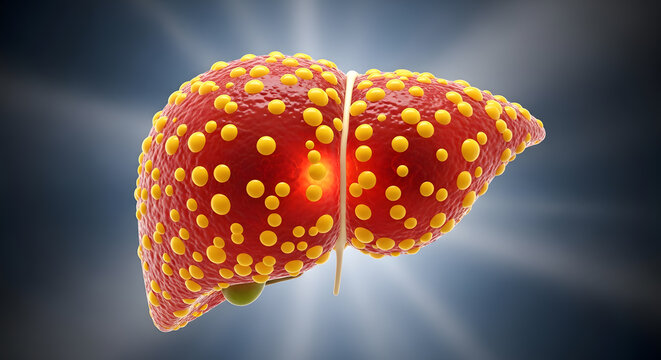 Human liver organ showing signs of chronic disease, fatty liver, or cirrhosis with surface abnormalities