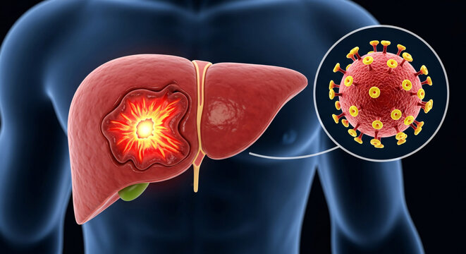 Human liver showing a malignant tumor growth with an infectious virus particle close up view