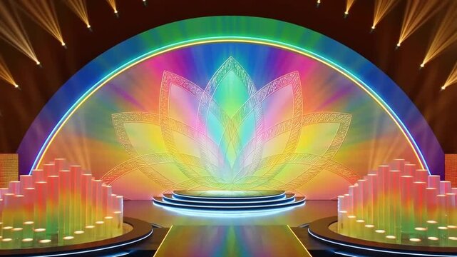 Navaratri product display background podium, Navadurga Lightscape, metal and acrylic, Navadurga goddesses, illuminated lotus design, spiritual meaning, ad, podium platform, product presentation ...