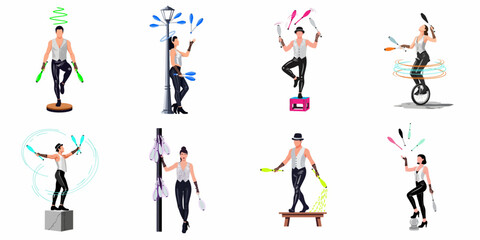 Flat vector illustrations of male and female circus jugglers performing various tricks with colorful clubs and balance acts, isolated on white background. © Renzo