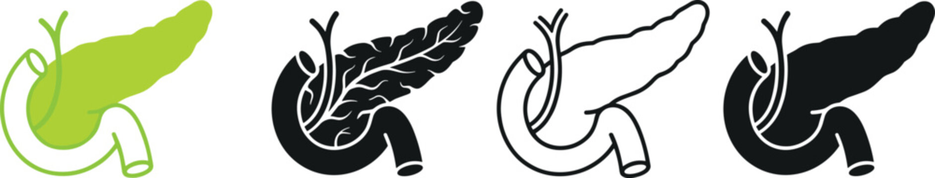 Human pancreas and duodenum anatomy icons set with gallbladder and bile ducts in flat line and silhouette styles for medical education and healthcare design (25 words)