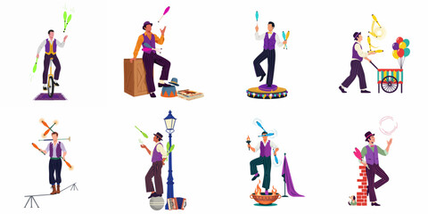 Set of flat vector illustrations of a male circus performer juggling clubs and hoops in various acts and balance positions. © Renzo