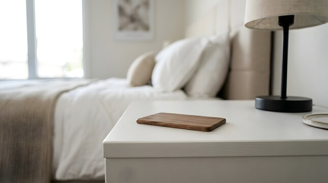 A serene bedroom scene with a white nightstand and a blurred background