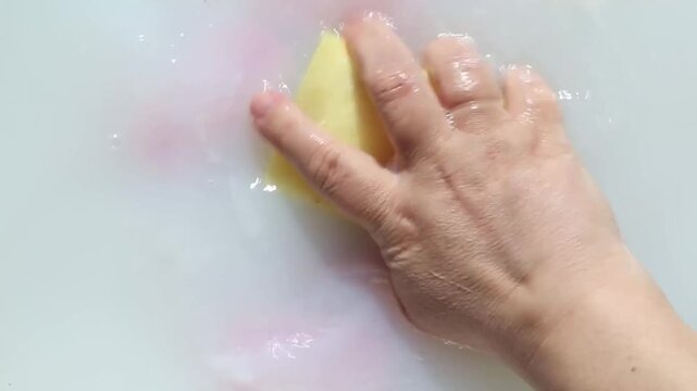 Hand presses and glides a yellow dish sponge through water as pink soap pieces dissolve, then foam spreads wider with each scrub, creating a close-up ASMR cleaning and lather texture video.