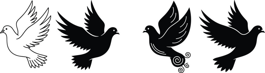 Obraz premium Set of four elegant dove bird icons in flight featuring outline and black silhouette styles with decorative swirl details for peace and freedom concepts.
