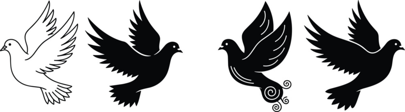 Set of four elegant dove bird icons in flight featuring outline and black silhouette styles with decorative swirl details for peace and freedom concepts.