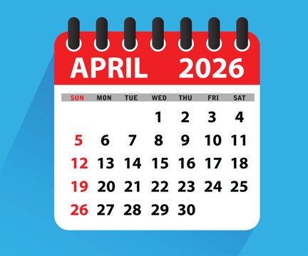April 2026 Calendar Leaf. Calendar 2026 in flat style. April 2026 Calendar. Week starts on Sunday. Blank Calendar Template. Stationery Design. Vector Illustration