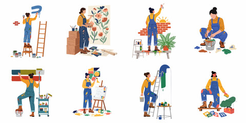 Fototapeta premium Collection of flat vector illustrations depicting women painters and decorators engaged in various creative art, mural painting, and home improvement projects.