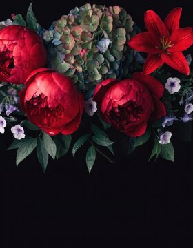 A bouquet of red peonies and lilies on a black background