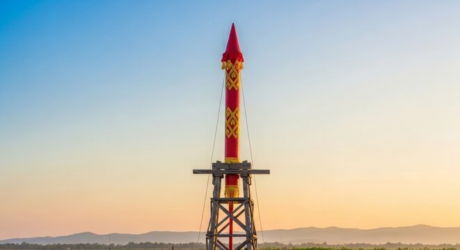 Bun Bang Fai Rocket, A majestic Bang Fai rocket resting on a traditional tall wooden launchpad