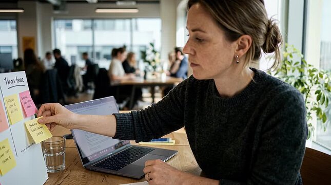 Woman working on task board with sticky notes in office