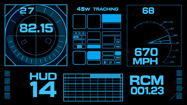 Futuristic heads up display showing speed radar and system diagnostics