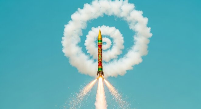 Bun Bang Fai Rocket, launch of a decorated bamboo rocket, thick white smoke trail spiraling against a clear turquoise sky