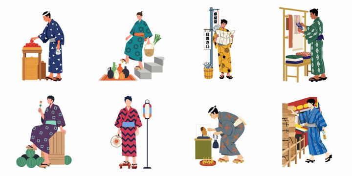 Set of Eight Illustrations Showing Men in Traditional Japanese Kimono and Yukata Shopping and Exploring a Historic Marketplace