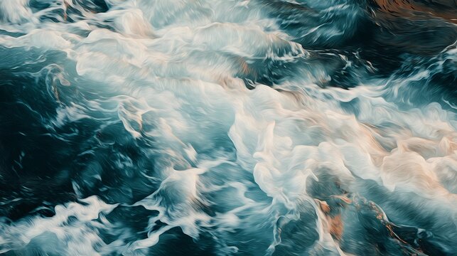 A dynamic image capturing the swirling, frothy currents of turbulent water in shades of blue and white.