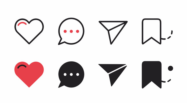 Social Media Interaction Icons Set with Heart, Message, Send, and Bookmark Symbols