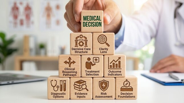 medical decision, healthcare, treatment selection, clinical reasoning, diagnostic options, risk assessment, evidence based concept with doctor hand stacking blocks in a clinic.