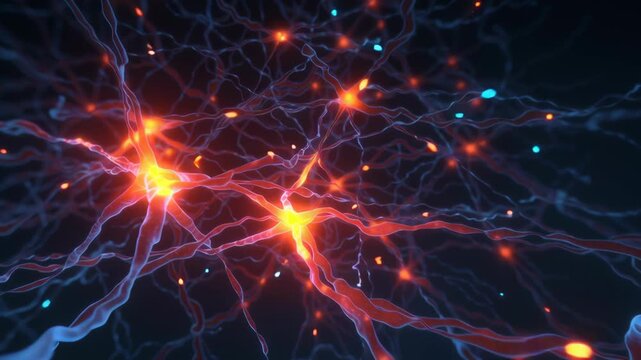 Network signal brain nerve cell neurology science biology glowing neural synapse with glowing signal pulses and interconnected network of cells conveying energy and thought dynamic biological scene