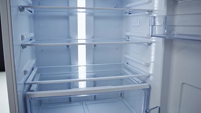 Empty White Refrigerator Interior - This video shows a clean, open, and empty white refrigerator interior. The refrigerator features adjustable shelves and door compartments, ready to be filled.
