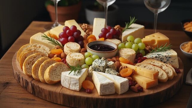 Gourmet cheese and charcuterie board with assorted cheeses, fruits, nuts, and bread, presented for elegant dining and social gatherings.