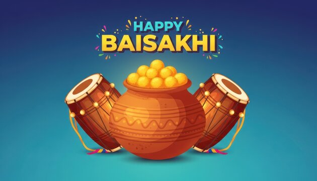 Happy Baisakhi greeting illustration with decorated clay pot, sugarcane sticks and dhol drums on blue background for festival celebration banner