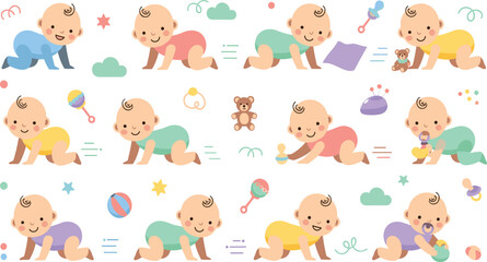 Obraz premium Baby Crawling Collection with Newborn Infants Moving Playing and Exploring with Toys in Soft Cartoon Vector Illustration Style.