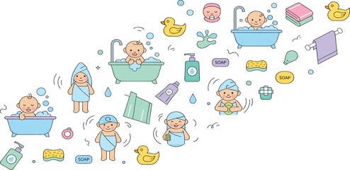 Obraz premium Baby Bath Time Collection with Newborn Infants Washing Playing with Water and Using Hygiene Items in Cartoon Vector Illustration Style.