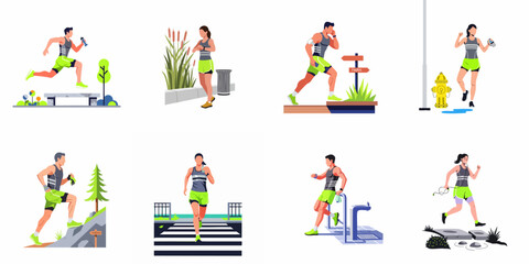 Fototapeta premium A diverse collection of flat illustrations showing active men and women running and exercising in various outdoor park, city, and trail environments.