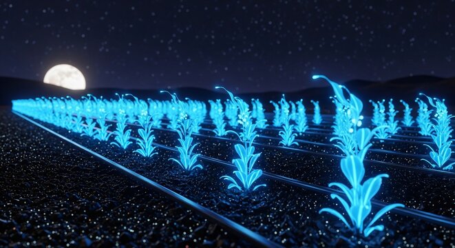 Futuristic farm at night featuring glowing blue bio-engineered plants under a starry sky and moon, illustrating smart agriculture, green energy, biotech innovation, sustainable food production,