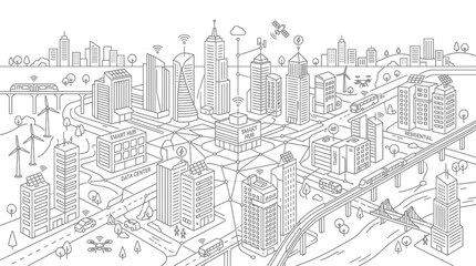 Obraz premium An artistic concept sketch of a smart city with interconnected buildings and futuristic transportation