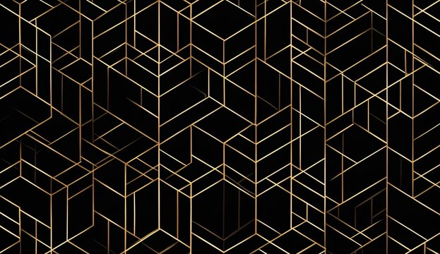 Golden geometric art deco on a black backdrop. Illustrative luxury pattern
