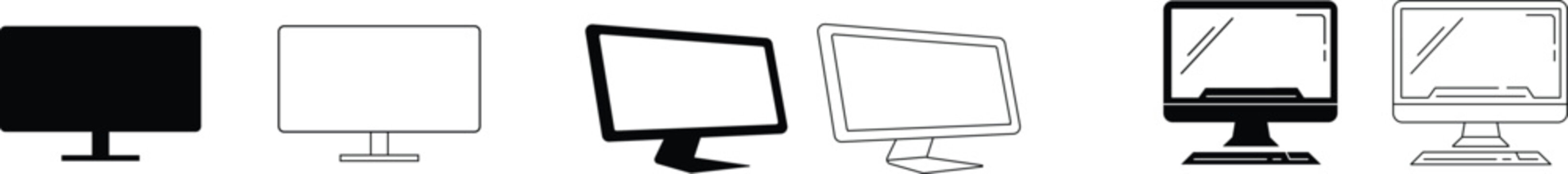 Collection of computer monitors, flat screen displays in silhouette and outline, modern technology screens, isolated on transparent background
