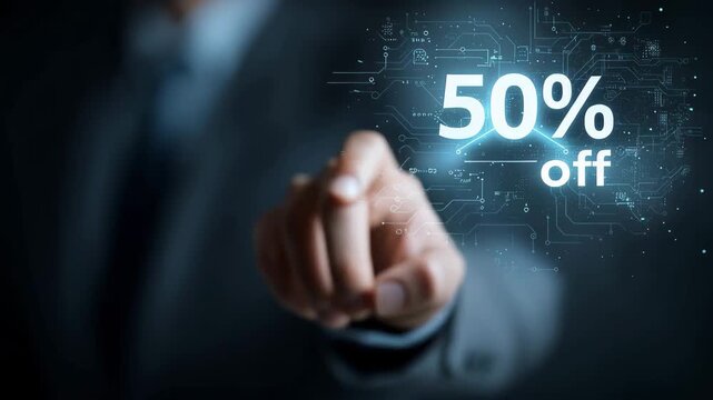 Businessman pointing to a digital 50 percent off discount offer in a futuristic interface with glowing blue light