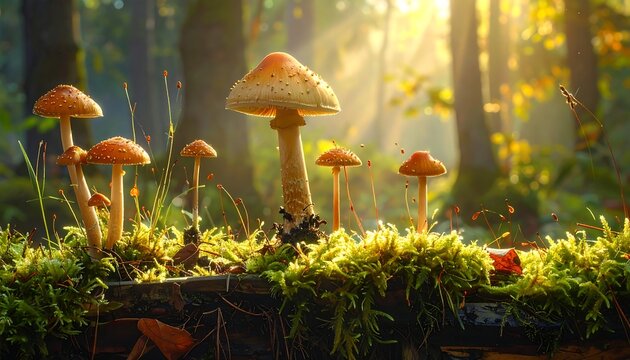 A forest floor with mushrooms on a log covered in moss