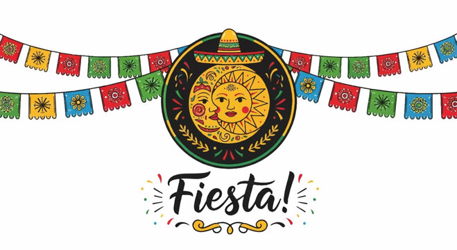 Vibrant fiesta celebration banner with colorful flags and embellished sun symbol on white background