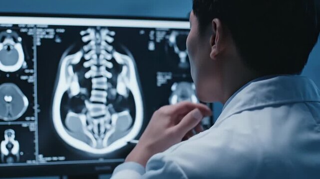 Doctor analyzing CT scan of spine and skull on computer screen in medical office