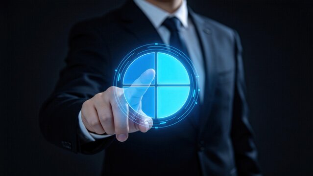 Businessman touching digital interface circle,technology innovation,corporate strategy and virtual dashboard control concept on dark background