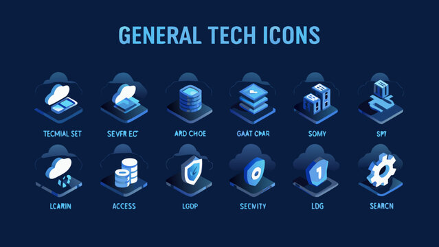 Isometric technology icons in shades of blue on a dark background