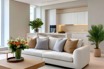 Fototapeta premium Modern open plan living room kitchen interior