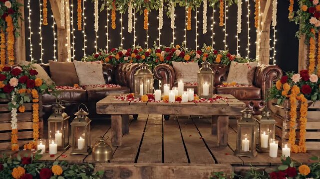 Rustic Shadi Stage Decoration with Floral Decor - This video showcases a cozy shadi stage adorned with rustic wooden decor, including furniture and a wooden platform.