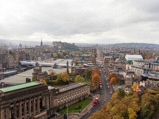 Fototapeta premium Aerial view of Edinburgh city center with Balmoral Hotel and Princes Street, Scotland