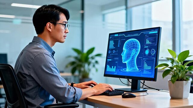 Man working on computer with digital head model