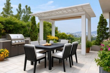 Fototapeta premium Modern rooftop terrace with outdoor dining and BBQ grill