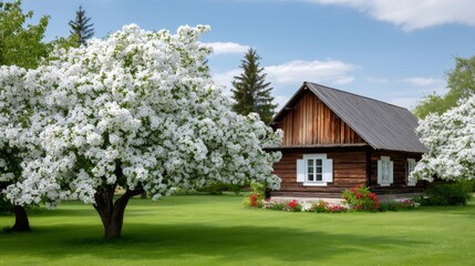Obraz premium Rural wooden house with white apple blossoms in spring