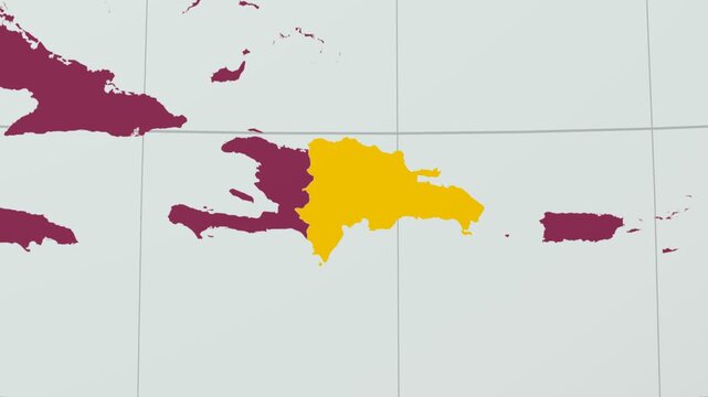 Dominican Republic map. Animated zoom into the country on the Globe in Pale Mint Dark Pink color palette. Country logo animation with round text and airplanes. Map with meridians, parallels.