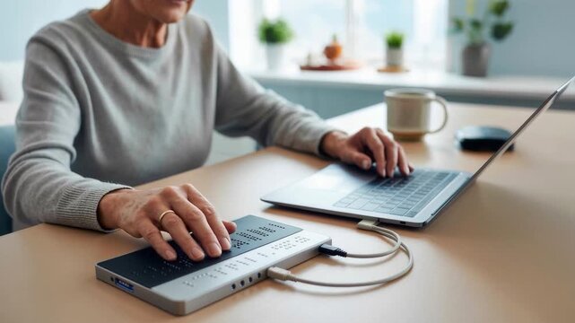Person using a braille display device connected to a laptop for accessible technology use.