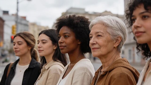 Diverse group of women standing together in a city. Multi-ethnic and multi-generational females looking forward with determination. Unity and empowerment concept