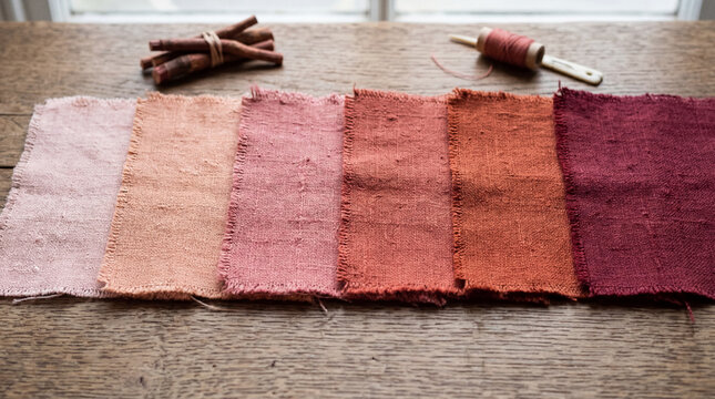 Fabric samples dyed with madder root pink and red